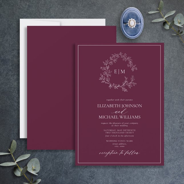 Invitación Escudo moderno de Borgoña  Monograma Boda (Subido por el creador)