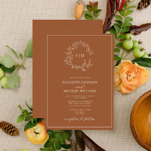 Invitación Escudo moderno de terracota Leafy Monograma Boda
