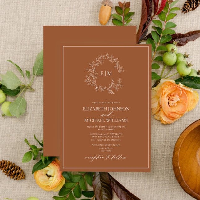 Invitación Escudo moderno de terracota Leafy Monograma Boda (Subido por el creador)