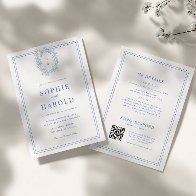 Invitación Escudo Monograma azul francés todo en un solo Boda (Subido por el creador)