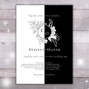 Invitación Escudo Monograma Blanco Negro Boda Floral Elegante