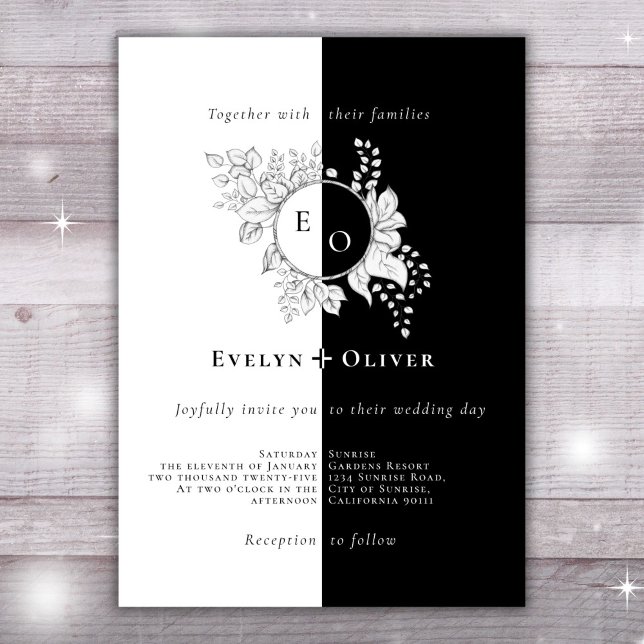 Invitación Escudo Monograma Blanco Negro Boda Floral Elegante (Subido por el creador)
