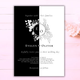 Invitación Escudo Monograma Blanco Negro Boda Floral Elegante