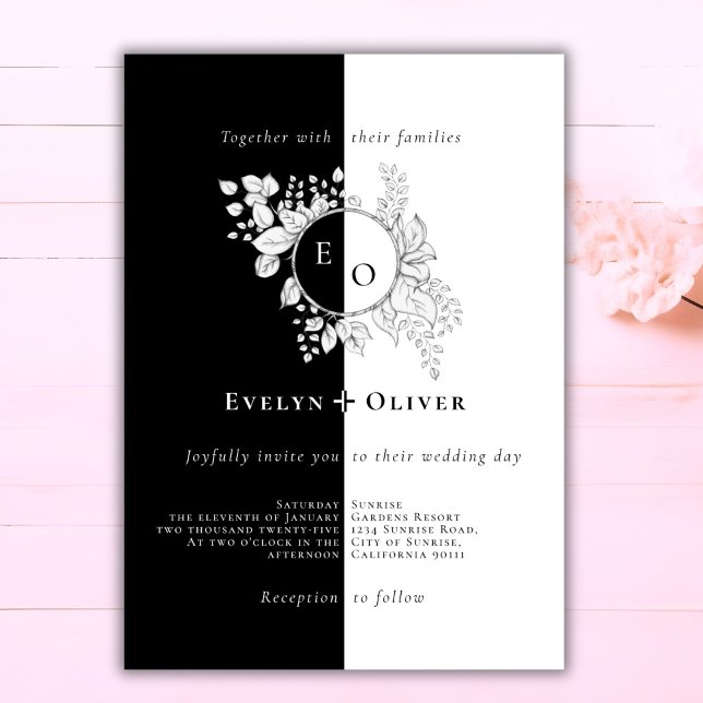 Invitación Escudo Monograma Blanco Negro Boda Floral Elegante (Subido por el creador)