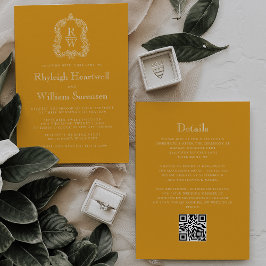 Invitación Escudo Monograma Boda de código QR amarillo Marigo
