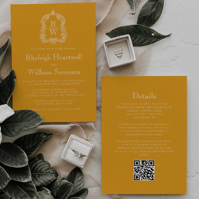 Invitación Escudo Monograma Boda de código QR amarillo Marigo (Subido por el creador)