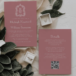 Invitación Escudo Monograma Boda de código QR Rosa Polvo