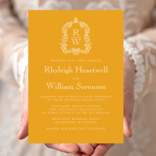 Invitación Escudo Monograma clásico Boda amarillo marrón
