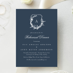 Invitación escudo monograma clásico cena de ensayo azul marin