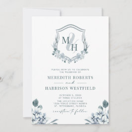 Invitación Escudo Monograma Código QR Boda Floral azul turbio