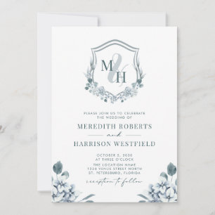 Invitación Escudo Monograma Código QR Boda Floral azul turbio