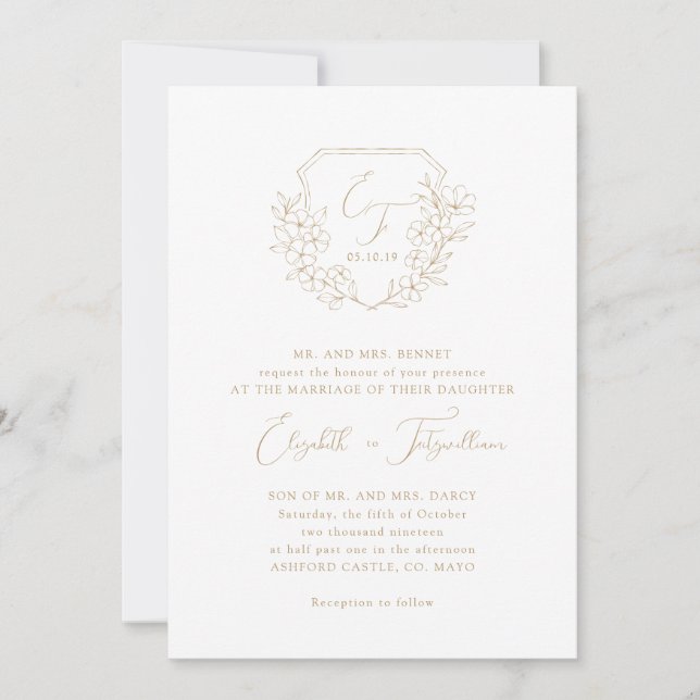 Invitación Escudo Monograma con guión elegante de oro con flo (Anverso)
