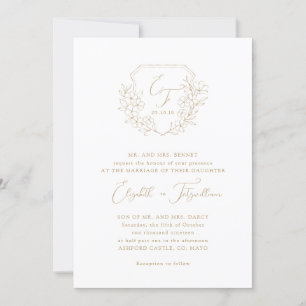 Invitación Escudo Monograma con guión elegante de oro con flo