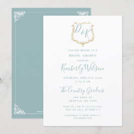 Invitación Escudo Monograma Dorado Ducha azul polvorienta