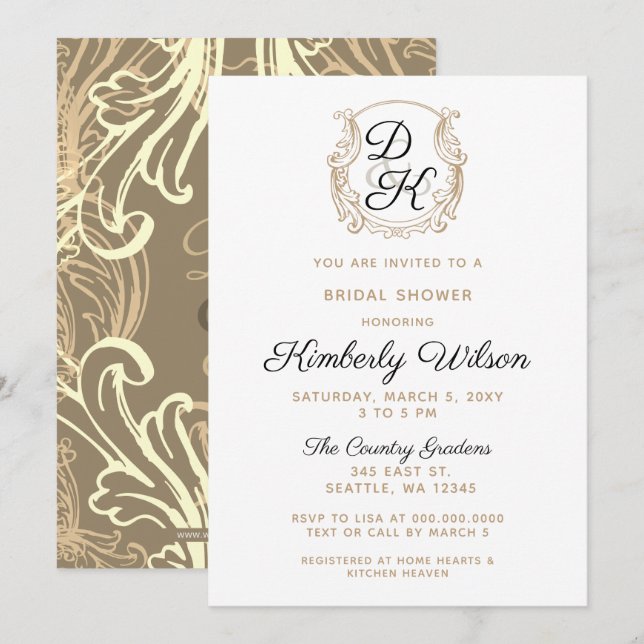 Invitación Escudo Monograma Ducha de Novias Negra y Oro (Anverso / Reverso)