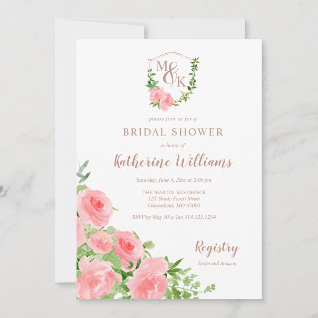 Invitación Escudo Monograma Iniciales Ducha de Novias Rosa Ro (Anverso)