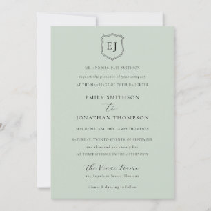 Invitación Escudo Monograma Iniciales Sage Green Formal Boda