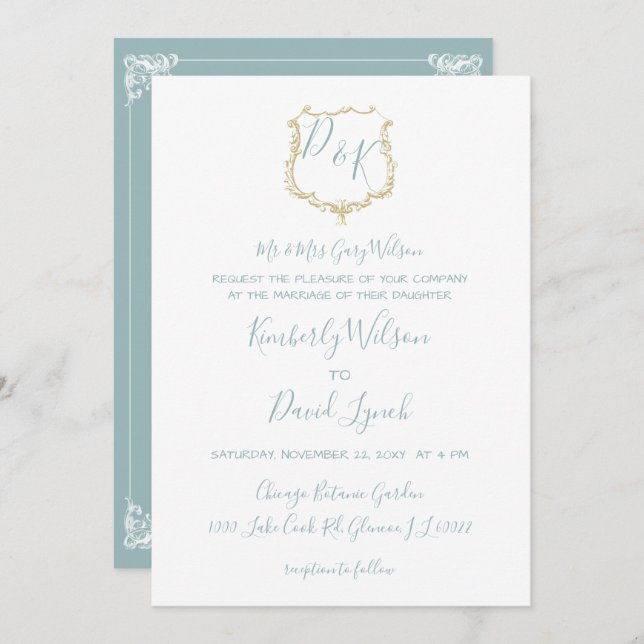 Invitación Escudo Monograma Oro Boda azul turbio (Anverso / Reverso)