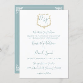 Invitación Escudo Monograma Oro Boda azul turbio