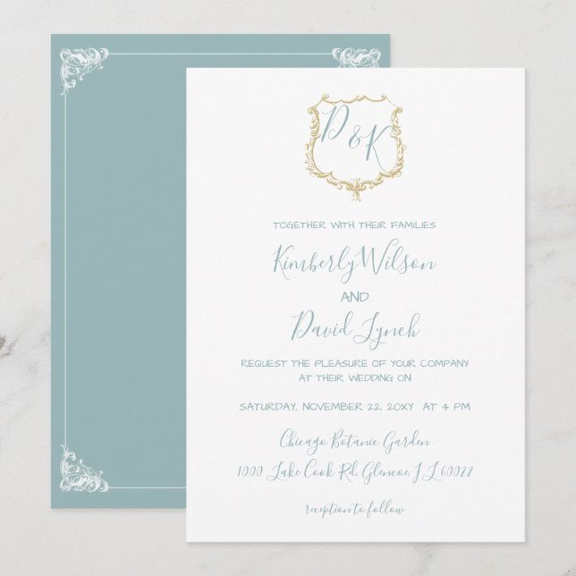 Invitación Escudo Monograma Oro Boda azul turbio (Anverso / Reverso)