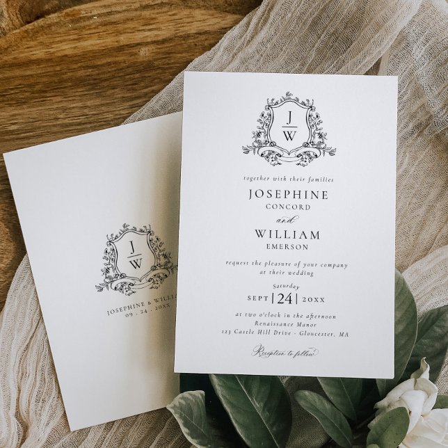 Invitación Escudo Monograma tradicional Boda Floral Elegante (Subido por el creador)