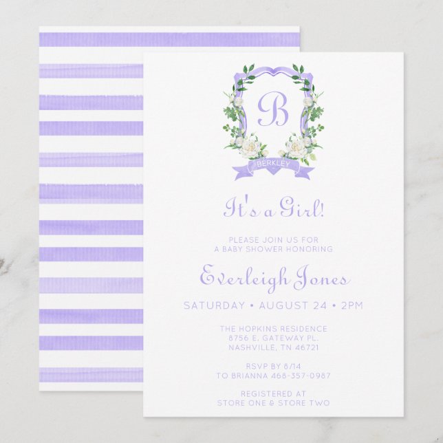 Invitación Escudo morado floral es un Baby Shower Chica (Anverso / Reverso)