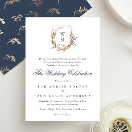 Invitación escudo oro boda de monograma azul de la Marina clá