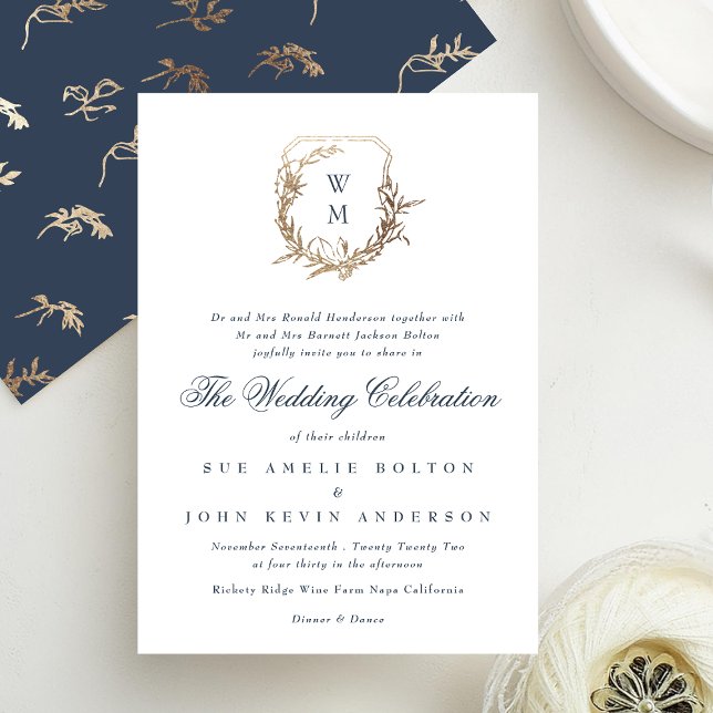 Invitación escudo oro boda de monograma azul de la Marina clá (Subido por el creador)
