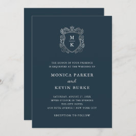 Invitación Escudo plateado | Elegante Boda Azul de Medianoche
