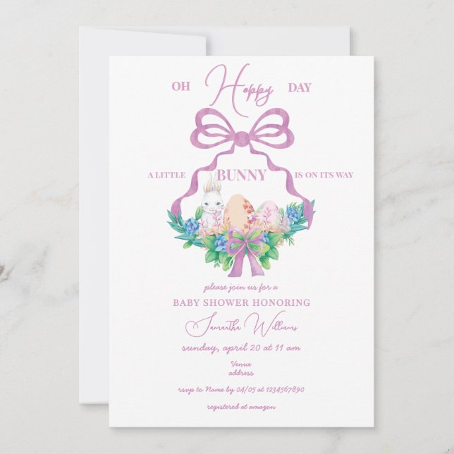 Invitación Escudo Purple Floral Pascua Bunny Chica Baby Showe (Anverso)