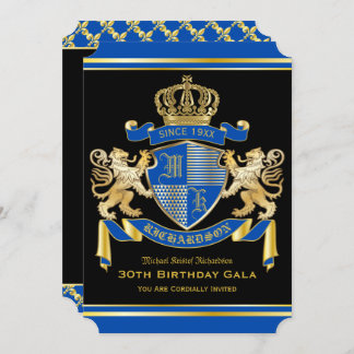 Invitación Escudo Real de Armas Azul Oro León Emblem Cumpleañ