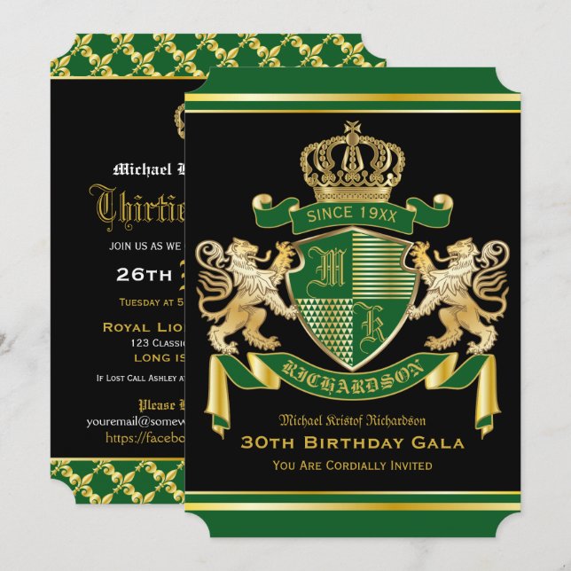 Invitación Escudo Real de Armas León Verde de Oro Emblem Cump (Anverso / Reverso)