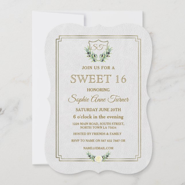 Invitación Escudo real de oro Lush Greenery SWEET 16 Invite (Anverso)