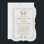 Invitación Escudo real de oro Lush Greenery SWEET 16 Invite<br><div class="desc">¡Símbolo de elegancia, abundancia y ostentación! Diseño único de cartas con un escudo de Relieve metalizado real de oro, un marco delicado, ramas de olivo con una flor blanca, sobre un fondo blanco texturado. Utilice la herramienta Personalizar para agregar su información. Para ver los artículos que coincidan, por favor, visite...</div>