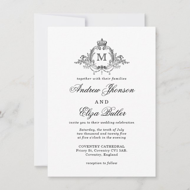 Invitación Escudo Real Elegant Wreath Monograma Boda (Anverso)