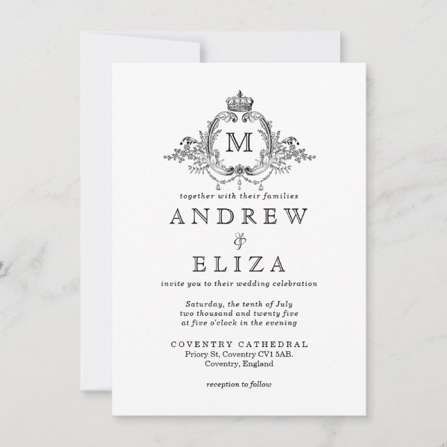 Invitación Escudo Real Elegant Wreath Monograma Boda (Anverso)