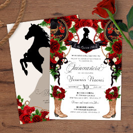 Invitación Escudo Rojo Charro Rosas occidentales Floral Quinc