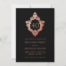 Invitación Escudo Rosa Negro Elegante Vintage 40 cumpleaños