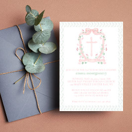 Invitación Escudo rosa y cruz bonito | Bautismo floral