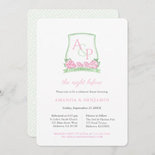 Invitación Escudo Rosa Y Verde Boda Ensayo Cena