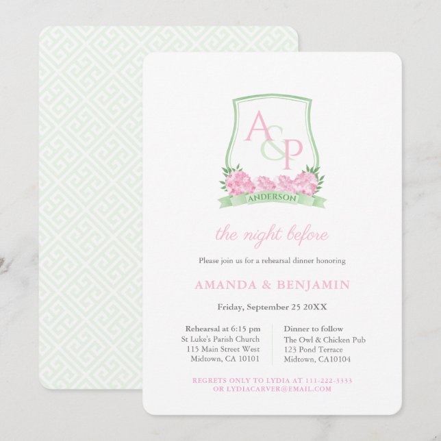 Invitación Escudo Rosa Y Verde Boda Ensayo Cena (Anverso / Reverso)