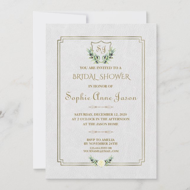 Invitación Escudo Royal Gold Greenery Floral Bridal Shower (Anverso)
