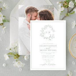 Invitación Escudo Sage Green Leafy Monograma Boda fotográfico