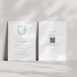 Invitación Escudo Sage Green Monograma Boda de código QR<br><div class="desc">Invitación formal y elegante a la boda verde de escudo en monograma con código QR e información más detallada sobre la espalda.</div>