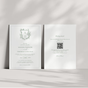 Invitación Escudo Sage Green Monograma Boda de código QR