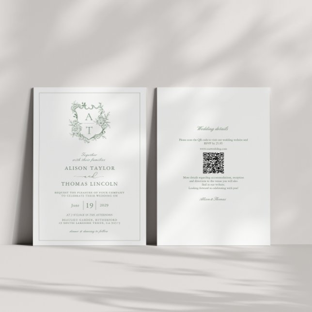 Invitación Escudo Sage Green Monograma Boda de código QR (Subido por el creador)