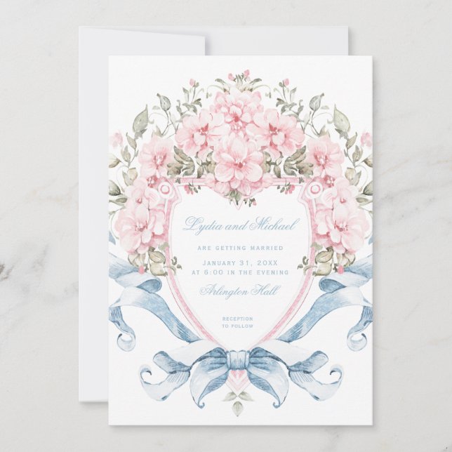 Invitación Escudo Sweet Cherry Blossom | Boda de monograma (Anverso)