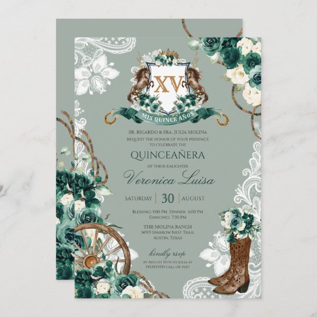 Invitación Escudo verde esmeralda Charro Quinceanera (Anverso / Reverso)