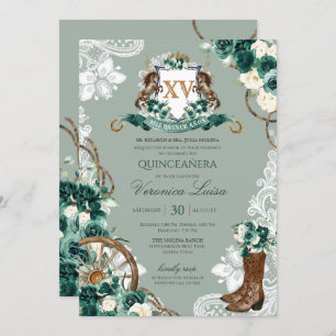 Invitación Escudo verde esmeralda Charro Quinceanera