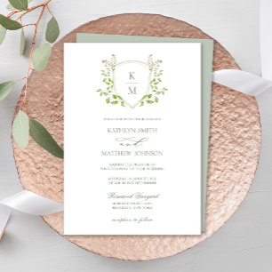 Invitación Escudo verde sabio Monograma Boda de verde moderno